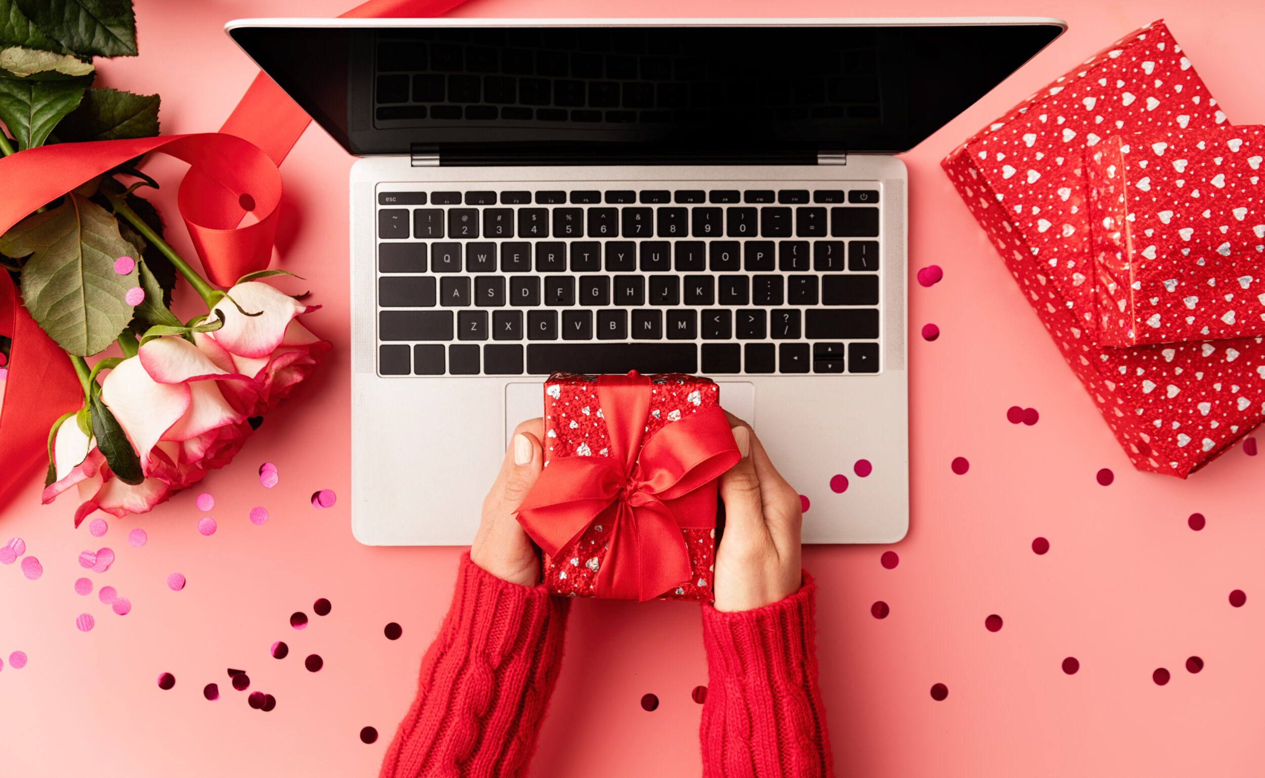 Female,Hands,Holding,A,Red,Valentine,Gift,Box,Top,View
